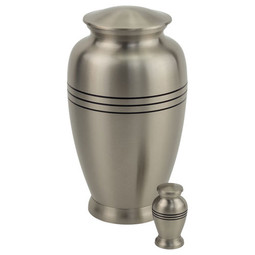 Three Bands Pewter Pedestal Keepsake Urn - Shown with Matching Adult Size Urn - Sold Separately