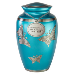Blue Engraved Butterfly Brass Urn - Shown with Pendant Option