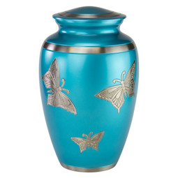 Blue Engraved Butterfly Brass Urn