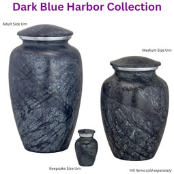 Dark Blue Harbor Aluminum Keepsake Urn - Shown with Matching Adult Urn