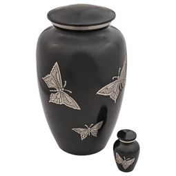Pewter Engraved Butterfly Keepsake Urn - Shown with Matching Adult Urn - Sold Separately