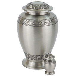 Pewter Leaves Brass Urn - Shown with Matching Keepsake Urn - Sold Separately