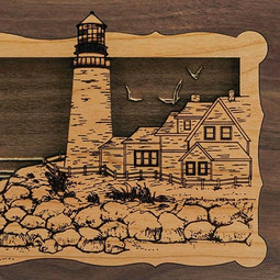 Lighthouse Inlay Wood Cremation Urn - Close Up Detail Shown