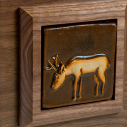 Deer Wooden Urn with Handmade Tile - Close Up Shown