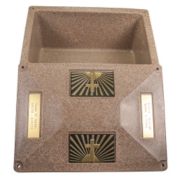 Champion XL Sandstone Urn Vault - Cross & Ray with Lid Off