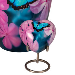 Butterfly Dreams Heart Keepsake Urn on Urn Stand (Sold Separately) with Adult Urn Behind