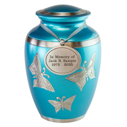 Blue Engraved Butterfly Brass Urn - Medium with Optional Urn Pendant
