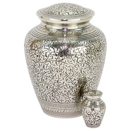 Leaves of Silver Keepsake Urn - Shown with Matching Adult Size Urn - Sold Separately