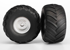 Tires & wheels, assembled, glued (satin chrome wheels, Terra Groove dual profile tires, foam inserts) (nitro rear/ electric front) (2)