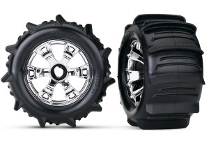 Tires & wheels, assembled, glued (Geode chrome wheels, paddle tires, foam inserts) (2) (use with 17mm splined wheel hubs & nuts, part #5353X) (TSMÆ rated)