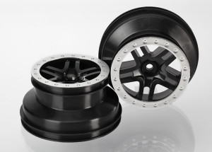 Wheels, SCT Split-Spoke, black, satin chrome beadlock style, dual profile (2.2" outer 3.0" inner) (4WD f/r, 2WD rear) (2)