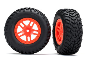 Tires & wheels, assembled, glued (SCT Split-Spoke orange wheels, SCT off-road racing tires, foam inserts) (2) (4WD f/r, 2WD rear) (TSMÆ rated)