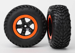Tire & wheel assy, glued (SCT, black, orange beadlock wheels, SCT off-road racing tires, foam inserts) (2) (4WD f/r, 2WD rear) (TSMÆ rated)