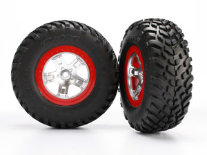 Tires & wheels, assembled, glued (SCT, satin chrome, red beadlock wheels, ultra soft S1 compound off-road racing tires, foam inserts) (2) (2WD Rear, 4WD F/R)