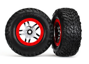 Tires & wheels, assembled, glued (SCT Split-Spoke chrome, red beadlock style wheels, SCT off-road racing tires, foam inserts) (2) (4WD f/r, 2WD rear) (TSMÆ rated)