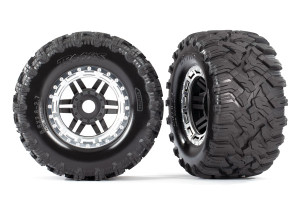 Tires & wheels, assembled, glued (black, satin chrome beadlock style wheels, MaxxÆ MT tires, foam inserts) (2) (17mm splined) (TSMÆ rated) Tires & wheels, assembled, glued (black, satin chrome beadlock style wheels, MaxxÆ MT tires, foam inserts) (2) (17mm splined) (TSMÆ rated)