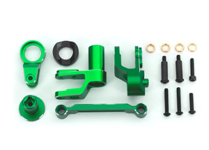 Steering bellcranks, draglink (green-anodized 6061-T6 aluminum)/ bellcrank bushing (1)/ 3x20mm BCS (with threadlock) (2)/ 3x20mm shoulder screws (with threadlock) (2)/ 3x15mm BCS (with threadlock) (1)/ 3x10mm CS (with threadlock) (1)
