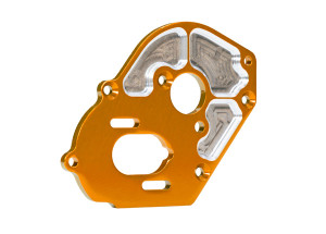 Plate, motor, machined 6061-T6 aluminum (orange-anodized) (4mm thick)/ 3x10mm CS with split and flat washer (2) Plate, motor, machined 6061-T6 aluminum (orange-anodized) (4mm thick)/ 3x10mm CS with split and flat washer (2)