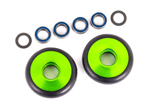 Wheels, wheelie bar, 6061-T6 aluminum (green-anodized) (2)/ 5x8x2.5mm ball bearings (4)/ o-rings (2)/ 5x8x0.3mm TW (2)