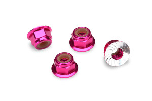 Nuts, 4mm flanged nylon locking (aluminum, pink anodized) (4)