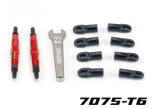 Toe links, Slayer (Tubesô 7075-T6 aluminum, red) (74mm, fits front or rear) (2)/ rod ends, rear (4)/ rod ends, front (4)/ wrench (1) Toe links, Slayer (Tubesô 7075-T6 aluminum, red) (74mm, fits front or rear) (2)/ rod ends, rear (4)/ rod ends, front (4)/ wrench (1)