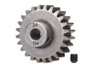 Gear, 24-T pinion (1.0 metric pitch) (fits 5mm shaft)/ set screw (for use only with steel spur gears) Gear, 24-T pinion (1.0 metric pitch) (fits 5mm shaft)/ set screw (for use only with steel spur gears)