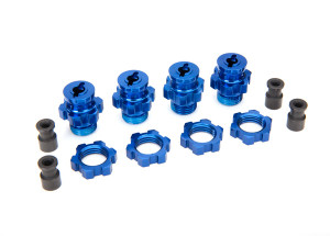 Wheel hubs, splined, 17mm, short (blue-anodized) (4)/ wheel nuts, splined, 17mm (blue-anodized) (4)/ hub retainer M4 X 0.7 (4)/ axle pin (4) (Slash 4WD)