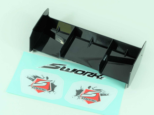 SWORKz 1/8 Off Road Pro Race Wing in black with sticker packaging