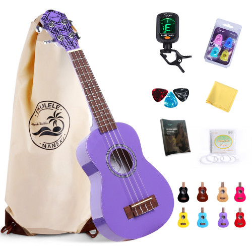 Soprano Ukulele Purple 21 inch High Gloss Basswood Mini Kids Guitar Hawaiian Ukeleles Instrument Kit with Ukalalee Bag Tuner Pack Book for Beginner Toddler Starter Adults