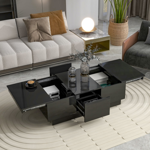 ON-TREND Multifunctional Coffee Table with 2 large Hidden Storage Compartment, Extendable Cocktail Table with 2 Drawers, High-gloss Center Table with Sliding Top for Living Room, 39.3'x21.6', Black