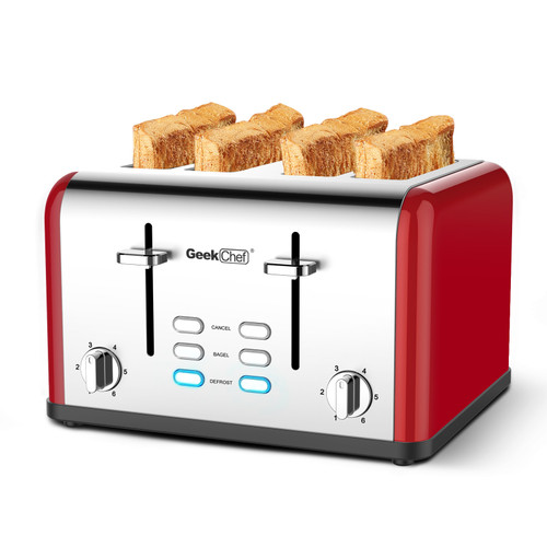 Toaster 4 Slice, Geek Chef Stainless Steel Extra-Wide Slot Toaster with Dual Control Panels of Bagel/Defrost/Cancel Function, 6 Toasting Bread Shade Settings, Removable Crumb Trays, Auto Pop-Up (Red)
