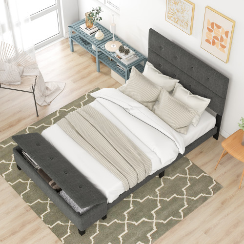 Upholstered Queen Size Platform Bed with Storage Case Gray