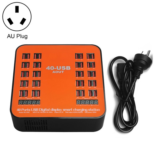 WLX-840 200W 40 Ports USB Digital Display Smart Charging Station AC100-240V, AU Plug (Black+Orange)