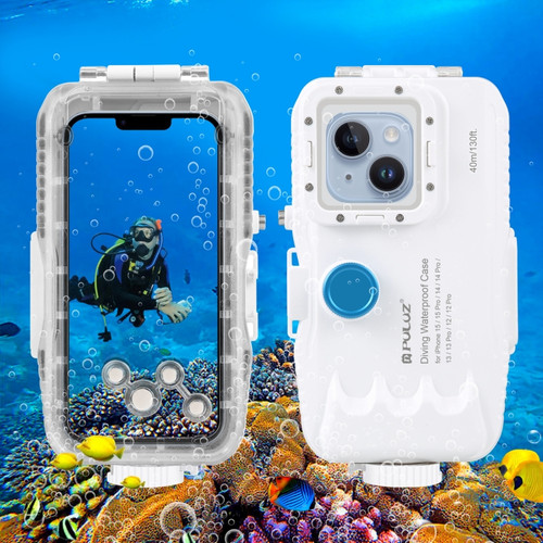 PULUZ 40m/130ft Waterproof Diving Case for iPhone 15 / 15 Pro / 14 / 14 Pro / 13 / 13 Pro / 12 / 12 Pro, with One-way Valve Photo Video Taking Underwater Housing Cover