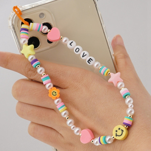 Imitation Pearl Mobile Phone Chain Smiley Beaded Soft Pottery Love Mobile Phone Chain