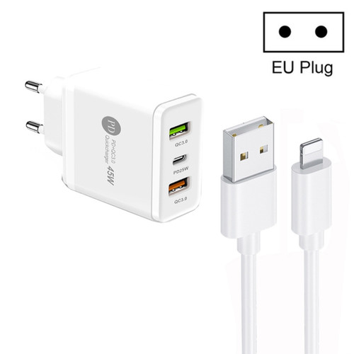45W PD25W + 2 x QC3.0 USB Multi Port Charger with USB to 8 Pin Cable, EU Plug