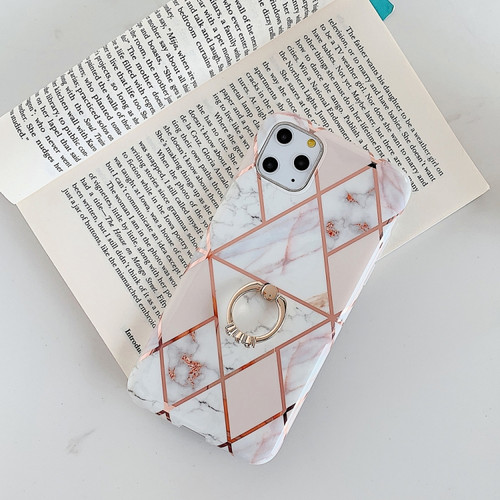 For iPhone 11 Pro Max  Plating Colorful Geometric Pattern Mosaic Marble TPU Mobile Phone Case Rhinestone Stand Ring