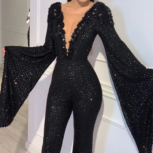 Sequin V-Neck Doll Sleeve Top Jumpsuit