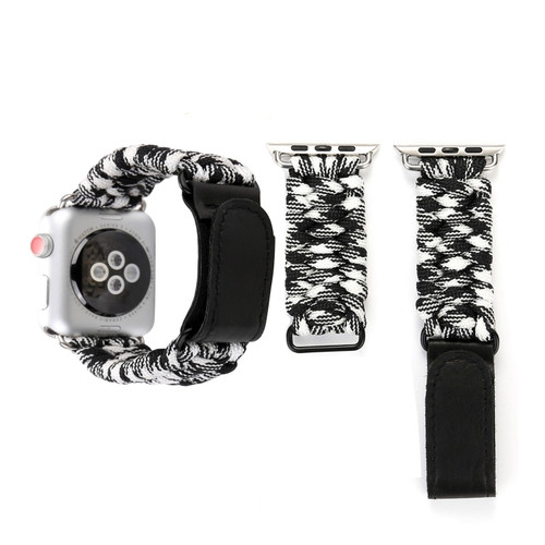 Magic Paste Genuine Leather Umbrella Rope Nylon Wrist Watch Band with and Stainless Steel Buckle for Apple Watch Series 8&7 41mm / SE 2&6&SE&5&4 40mm / 3&2&1 38mm