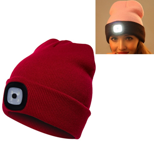 Unisex Warm Winter Polyacrylonitrile Knit Hat Adult Head Cap with 4 LED Lights, Button Battery