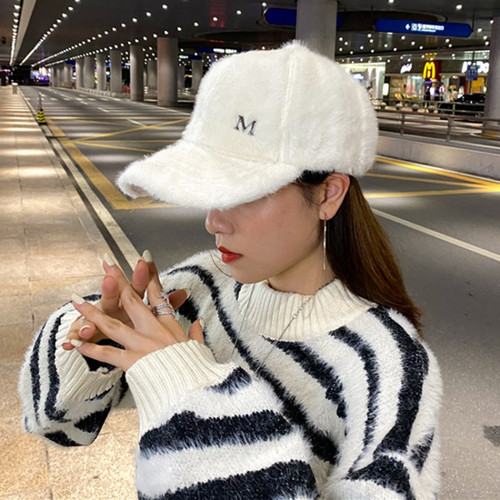 Women Autumn and Winter Thickened Rabbit Fur Plush Baseball Cap Curved Brim Warm Cap