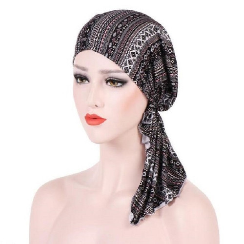 Stretch Printed Turban Big Tail Hat Flower Cloth Curved Turban Hat