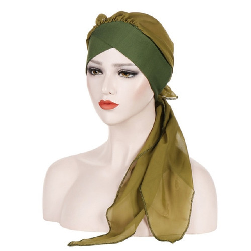 Ladies Forehead Cross Chiffon Long Tail Cap Turban Hat