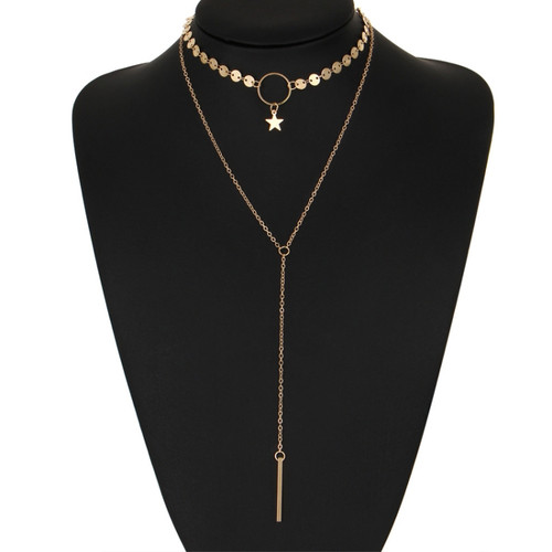 Simple Sexy Handmade Sequins Star Tassels Circle Clavicle Chain Long Pendant Double-layer Chain