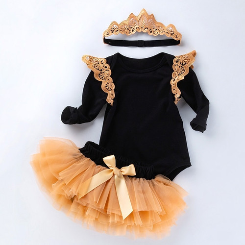 Three-piece Black Long-sleeveds Winged Romper With Mesh Bottom Pants Skirt