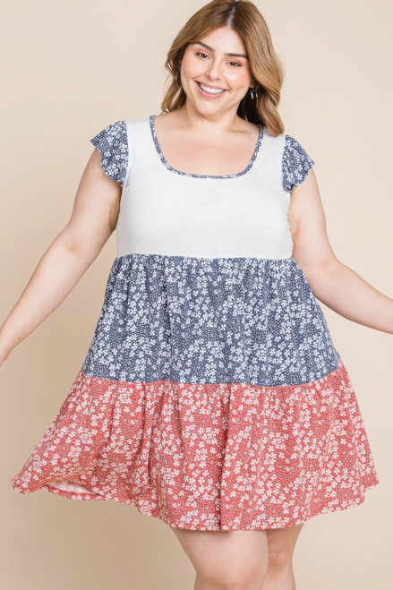 Plus Size Floral Color Block Contrast Tiered Babydoll Dress-43934