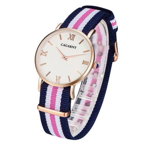 CAGARNY 6813 Fashionable Ultra Thin Rose Gold Case Quartz Wrist Watch with 5 Stripes Nylon Band for Women