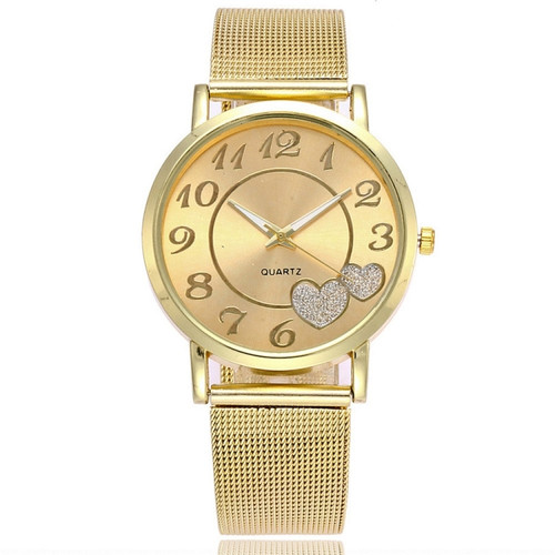 Golden Alloy Mesh Belt Double Heart Watch for Ladies