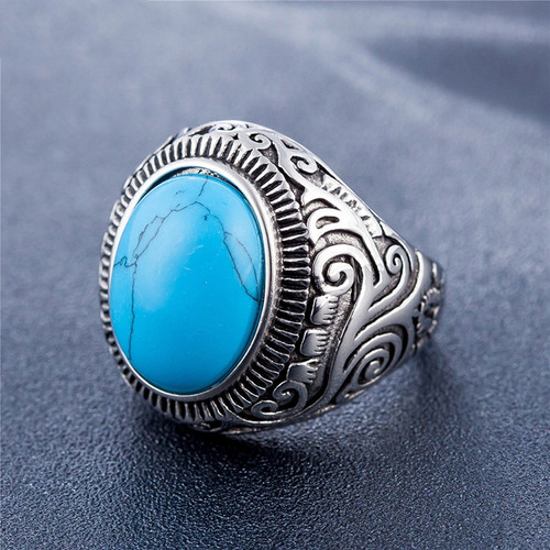 Europe and America Style Retro Gemstone Turquoise Men Titanium Steel Ring, Size: 9, Diameter: 19mm, Perimeter: 59.8mm
