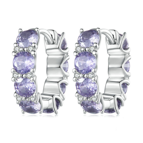 Sterling Silver S925 White Gold Plated Purple Zirconia Earrings